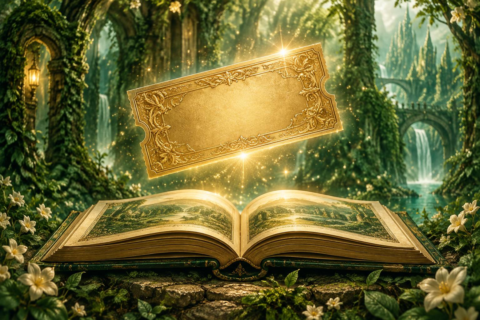 A golden ticket glowing above an open storybook